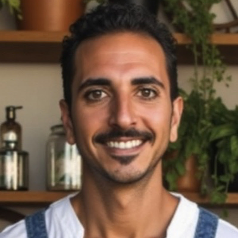 André Ferraz sorrindo, com plantas ao fundo